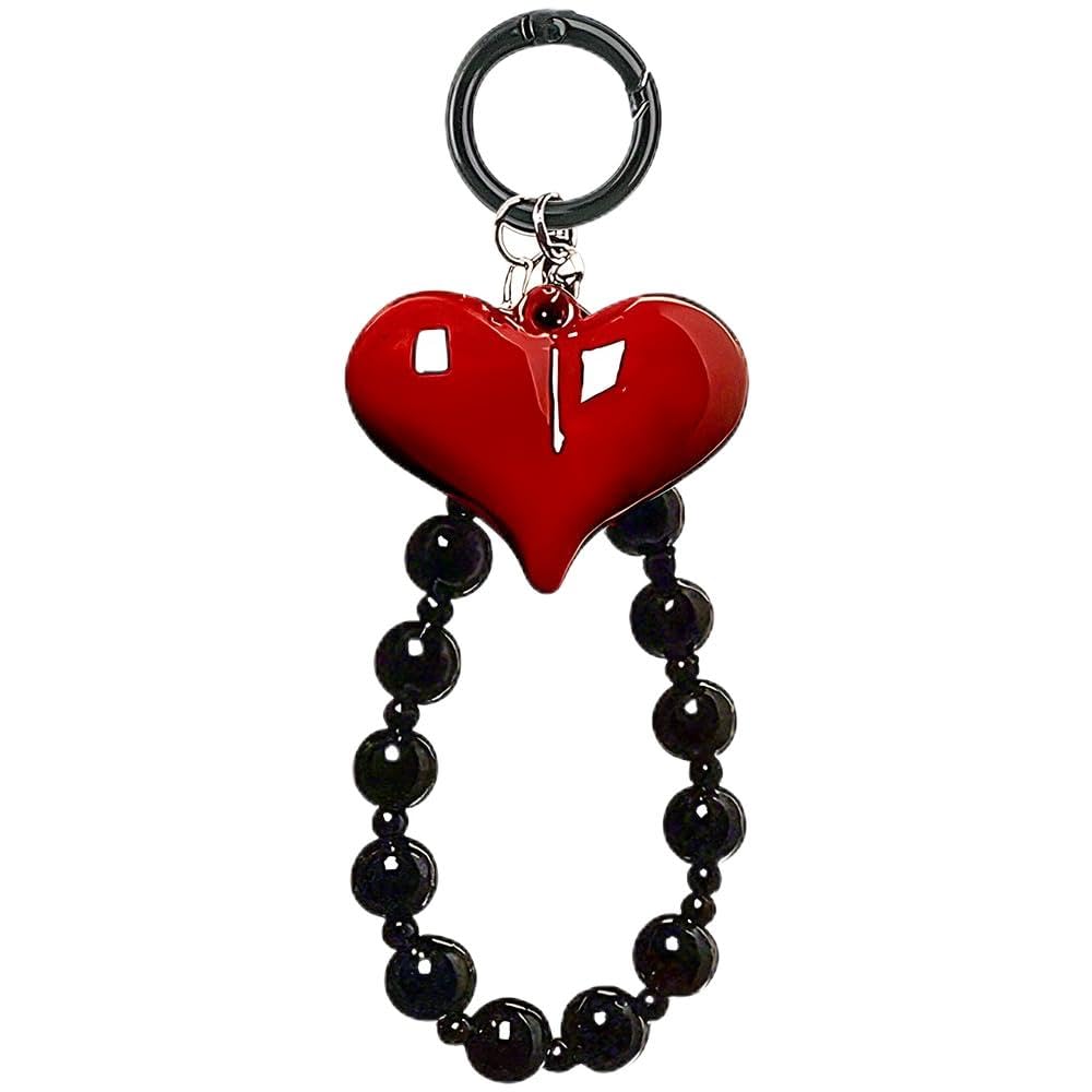 Red Heart Phone Charm Strap Black Beaded Phone Lanyard Cute Bag Charms for Handbags Cellphone Chain Wristlet Heart Bag Charm Purse Keychain for Women Cellphone Keychain Beaded Camera Wrist Strap