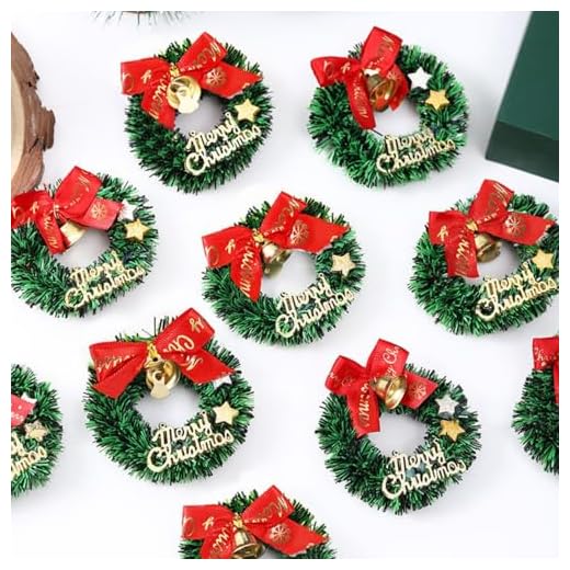 ​12Pcs Mini Christmas Wreath Ornaments - 2.4" Green Artificial Wreaths with Red Bows, Golden Bells & Merry Christmas Sign for Tree Decor​