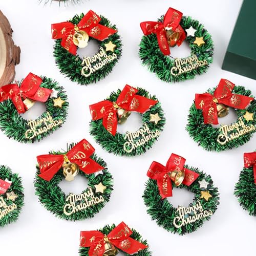 ​12Pcs Mini Christmas Wreath Ornaments - 2.4" Green Artificial Wreaths with Red Bows, Golden Bells & Merry Christmas Sign for Tree Decor​