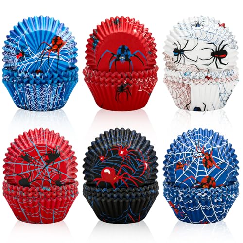 JarThenaAMCS 600 Pcs Spider Paper Baking Cups Spider Web Cupcake Liners Red Blue Muffin Liner Cake Paper Cups Storage Container for Birthday Party DIY Crafts Supplies, 2 x 1.2 Inch