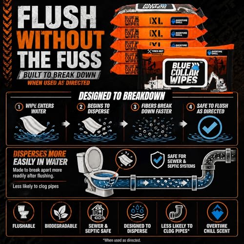 Image of XL Flushable Adult Wet Wipes - Biodegradable, Sewer & Septic Safe - Overtime Chill Scent - 288 Total Wipes (6 Resealable Packs of 48)