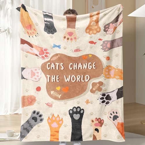 Bestraily Cat Throw Blanket Gift for Cat Lover Women Children Colorful Flannel Fleece Throw Blanket Cute Cats Paw Print Cozy Fuzzy Plush Throw Blankets for Bed Chair Couch 60" X 80"