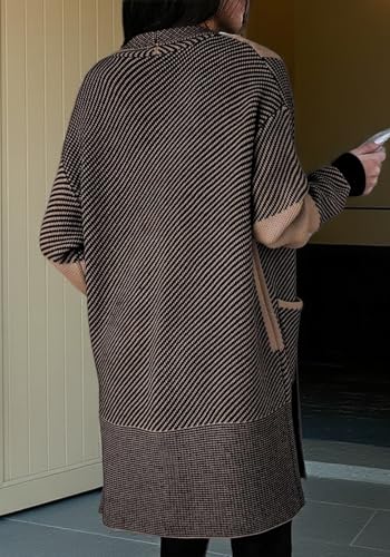 Women 2025 Fall Knit Cardigan Sweaters,Open Front Long Sleeve Striped Colorblock Coats with Pockets2