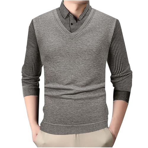 Men's Fake Two Piece Sweater Stretchy V-Neck Knitted Pullover Sweater Long Sleeve Stripe Tops Office Business Sweater2