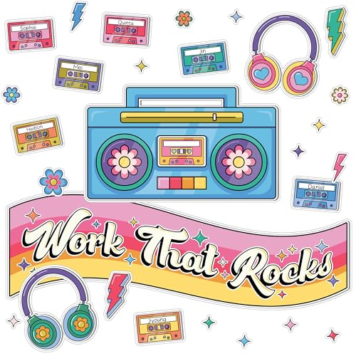 Happily Ever Elementary Retro Remix 79-Piece Work That Rocks Motivational Bulletin Board Set, Boombox, Cassette Tapes, Headphone, Flowers and More Groovy Bulletin Board Decorations for Classroom Decor by Carson Dellosa Education - Used condition - CA$15.00
