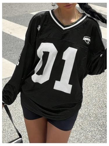 Women's Jersey Shirts Y2k Oversized T Shirt Number Letter Graphic Long Sleeve V Neck Sports Tee4