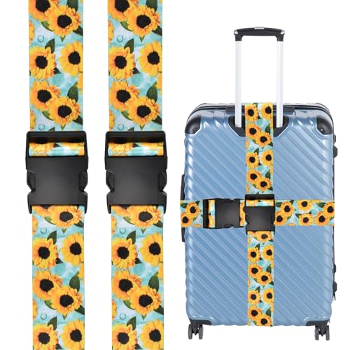 Image of Luggage Straps for Suitcases 2 Pack, Adjustable Suitcase Strap Travel Belt Accessories Luggage Connector Identifiers Over Handle with Buckle(Green Sunflower)