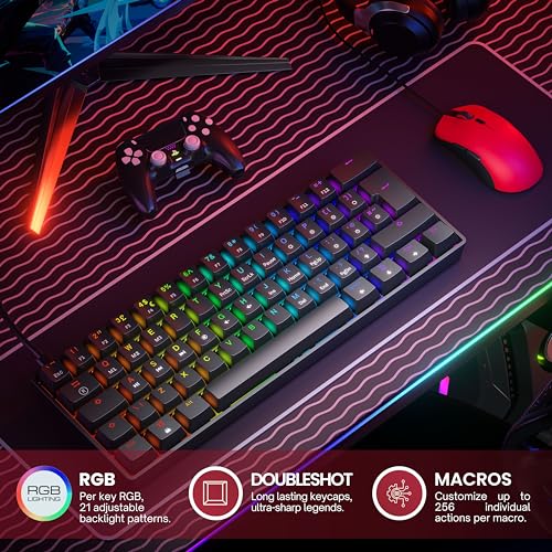 GK61 Mechanical Gaming Keyboard - 62 keys Multi Color RGB Illuminated LED Backlit Wired Programmable for PC/Mac Gamer - ISO UK Layout (Gateron Optical Yellow, Black) - Image 4