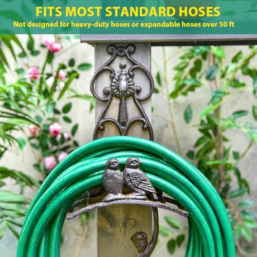 Image of HASTHIP Garden Hose Organizer Rack Cast Iron Retro Couple Bird Cut Out Decorative Garden Hose Wall Mounted Storage Holder, Metal Plant Hanger