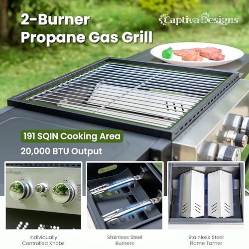 Captiva Designs 2-Burner Propane Gas BBQ Grill with Cast Iron Griddle Pan, 20,000 BTU Output Small Barbecue Grill for Outdoor, Patio, Backyard and Balcony
