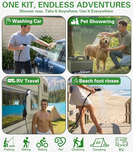Ducha portátil para camping Beviliu Shower Max, tanque de 5 galones grado alimenticio, bomba recargable, impermeable IPX8, ligero y extra grande para camping, playa, RV y mascotas miniatura 5