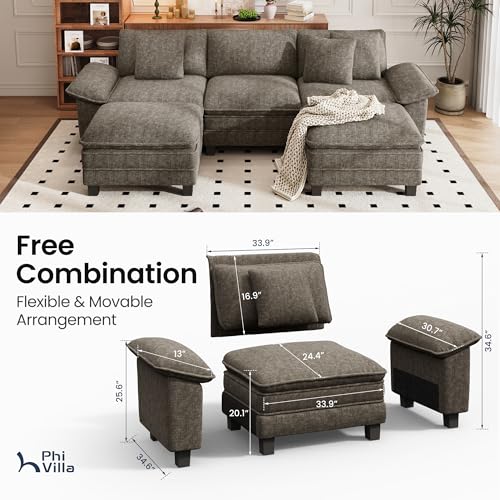 Image of PHI VILLA Cloud Modular Couch Sets, 123.6 inch Oversized Sectional Sofa with U-Shaped Chaise, 5-Seater Couches with 2 Movable Ottomans for Living Room, Chenille Smoky Grey