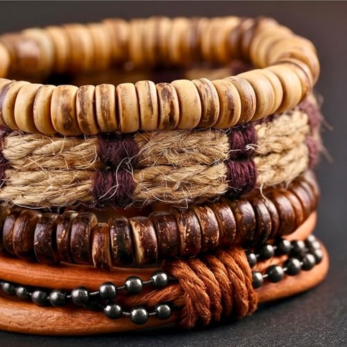 Image of THE MEN THING RUSTBORNE - 4 Pcs Brown Genuine Leather Adjustable Bracelet Set for Men & Boys (8 inch)