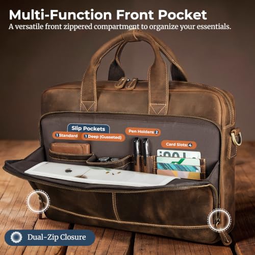 Image of Augus Leather Briefcase for Men, 16 Inch, Full-Grain Leather, YKK Zipper