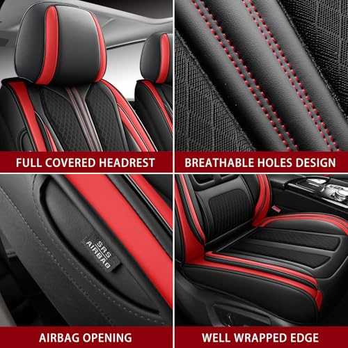 Image of Seat Covers for Front Seat,Nappa Leather Car Seat Covers,Waterproof Universal Fit Car Seat Cushion,2 PCS Automotive Seat Protector for Most Sedans SUV Pick-Up Truck Sedans,Black&Red