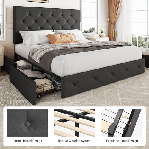 image for Allewie Upholstered Queen Size Platform Bed Frame with 4 Storage Drawe