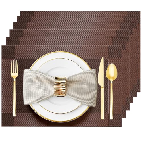 Uolr Brown Vinyl Placemats Set of 6, Heat Resistant Table Placemats