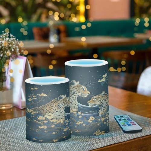 Image of Lights Flameless Candles Golden Leopard Pillar Candles Set of 2 Battery Operated Remote Control Warm Lights Home Decor
