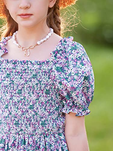 Labeca Girls Square Neck Ruffle Sleeve Floral Print Smocked Casual Dress Purple Floral 130Y #TOP4