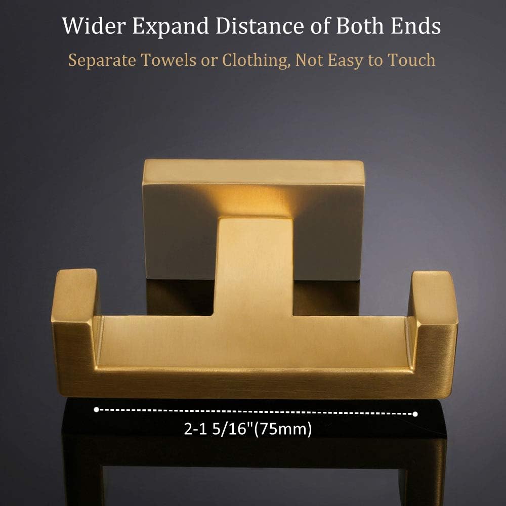 Double Robe Hook, APLusee SUS304 Stainless Steel Square Towel Holder, Modern Bathroom Accessories Utility Dual Coat Clothes Hanger, Brushed Gold - - 