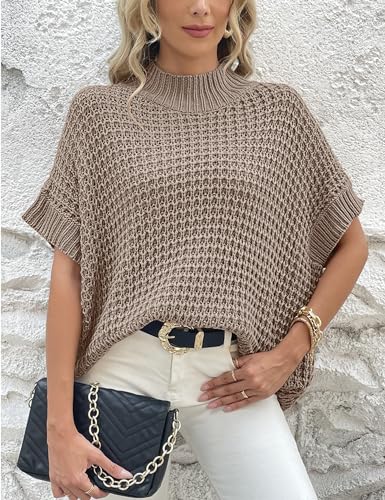 Image of SPR&JOY Women's Mock Neck Knit Sweater Vest Batwing Sleeve Pullover Knit Sweaters Summer Ribbed Tank Tops