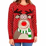 Fashion Essentials-womens Unisex Rudolph Print 3d Nose Pom Pom Christmas Jumper (M, RED)