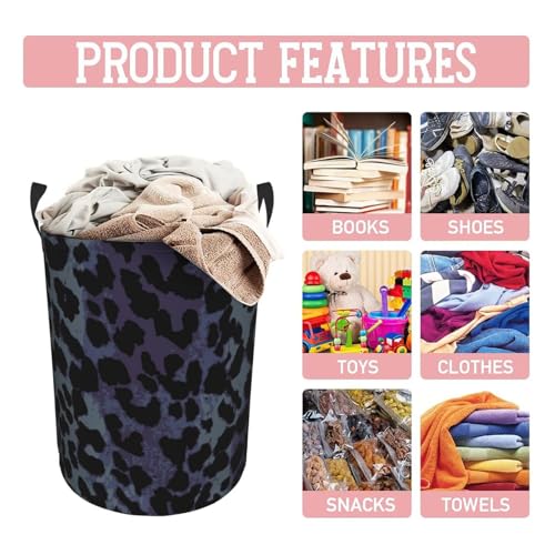 Image of Black Grey Leopard Round Laundry Hamper Storage Basket Toys Clothes Organizer Bin For Home Bathroom Bedroom Dorm Nursery, 62l