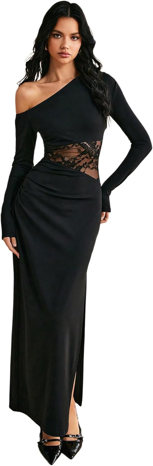 GORGLITTER Women's Lace Asymmetrical Neck Patchwork Maxi Dresses Fall One Shoulder Long Sleeve Vegas Dinner Club Dress