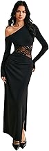 GORGLITTER Women's Lace Asymmetrical Neck Patchwork Maxi Dresses Fall One Shoulder Long Sleeve Vegas Dinner Club Dress