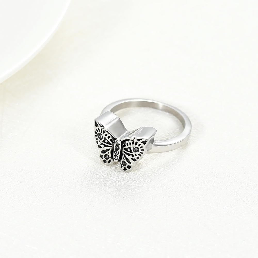 Cremation Rings for Ashes Gold Butterfly Urn Memorial Finger Ring 316L Stainless Steel Keepsake Jewelry Gift for Women Girls-9-Silver