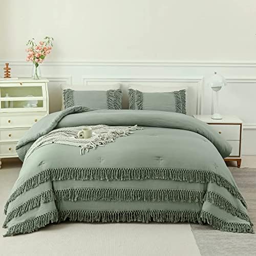 CozyTide Sage Green Bedding Set King Size, 3 PCS Ultra Soft Boho Farmhouse Comforter Set, 100％ Washed Microfiber Inner Fill Bed Set (1 Tassel Comforter, 2 Pillows Cases)