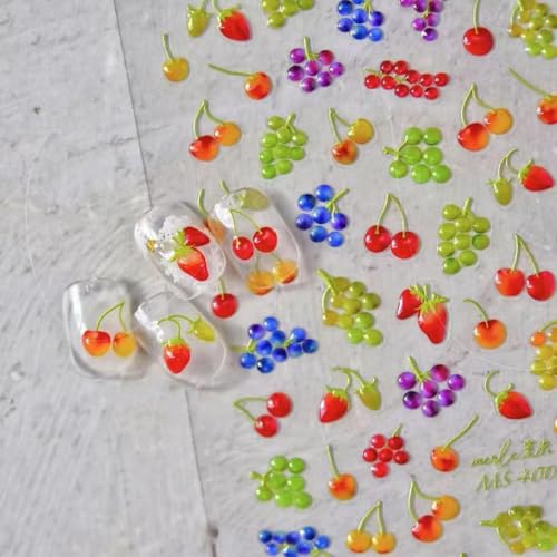 Image of Fruit Nail Art Stickers Summer Colorful Nail Stickers 5D Embossed Cute Manicure Decals Accessories Self Adhesive Slider for Women DIY Nails Art Decorations Accessories