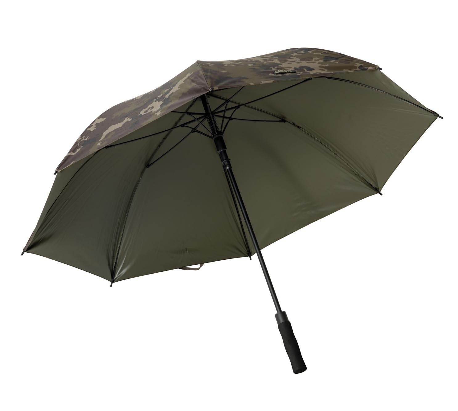 Korda - Compac Umbrella Dark Kamo - Waterproof Fishing Umbrella, 140cm Wide Bankside Shelter, Push Button Open, Compact Retaining Strap Storage