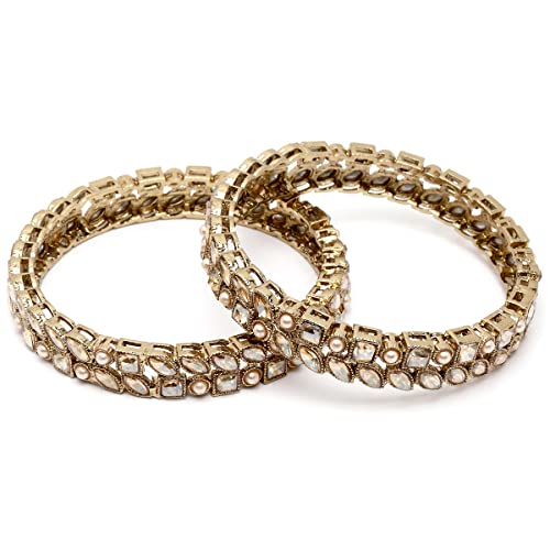 Karatcart Set of 2 Golden Kundan and Moti Studded Antique Gold Plated Bangles for Women Deal