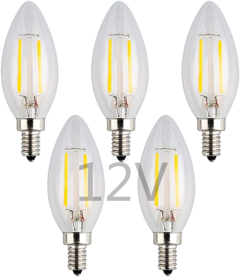 LED Candelabra Low Voltage Bulb, DC/AC 12V Input, 2W 200Lm, Dimmable, Warm White Light, E12 Small Base, Clear Glass Torpedo Tip, 25W Incandescent Equivalent, DC 12V - 24V Lighting, Pack of 5