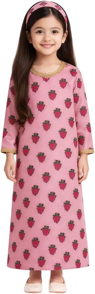 – Girls 100% Cotton Mukhawar – Featherlight Breathable Ramadan & Eid –Daily Chic Modest Dress for UAE Weather – Vibrant Pink Print Minimal Embroidery & Hair Ribbon, Gift Ready - 95 cm Length - 5-9 y.o.