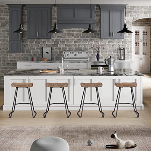 Jubiloom Bar Stools, 24 Inch Kitchen Counter Height Stools With Metal Leg, Bar Chairs With Wood Saddle Seat, Industrial Backless Stools For Kitchen Island, Dark Brown Seat, Black Metal, 624Pbr1 #TOP6