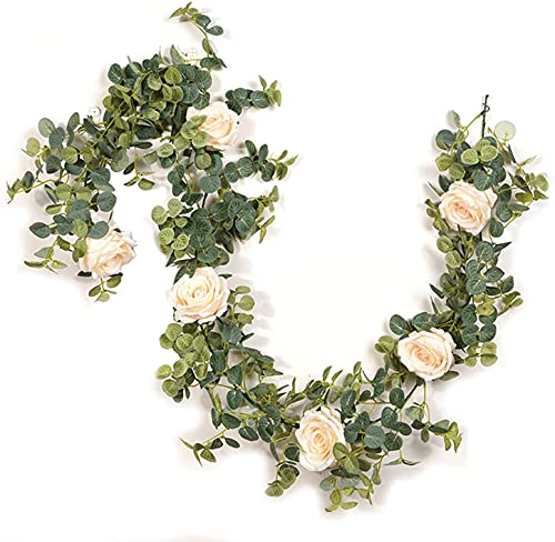 levylisa Eucalyptus Garland with Ivory Rose Flowers Greenery Floral Garland