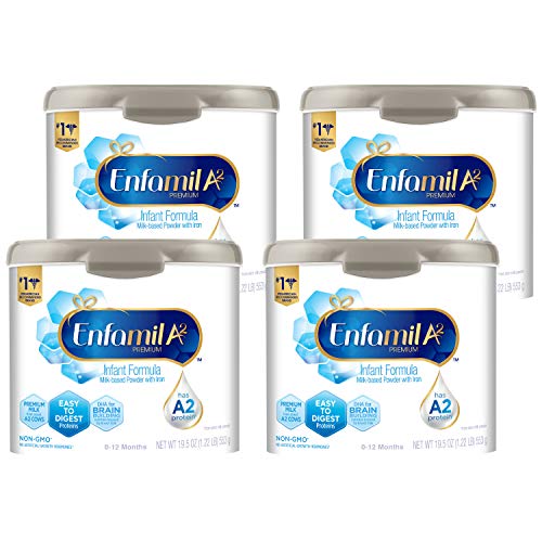 Enfamil Premium A2 Milk Protein Infant Formula 19.5oz. (4 Powder Tubs) Prebiotic, Easy to Digest, Non-GMO, Immune Support, Omega 3 DHA, No Added Sugar, A2 Protein Sourced from European Grass-fed Cows