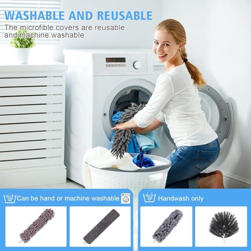 Image of 100 inches Expandable Pole Handle 5 in 1 Microfiber Feather Duster 5 PCS Bendable & Extendable Fan Cleaning Brush Washable Mop for High Ceiling Fans