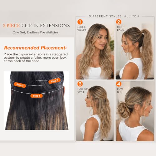 Image of Sunny Hair Clip in Hair Extensions Real Human Hair Balayage Blonde 18inch | Remy Human Hair Clip in Extensions Balayage Light Blonde on Olive Brown Roots with Natural Blend for Weekend Styling 85g