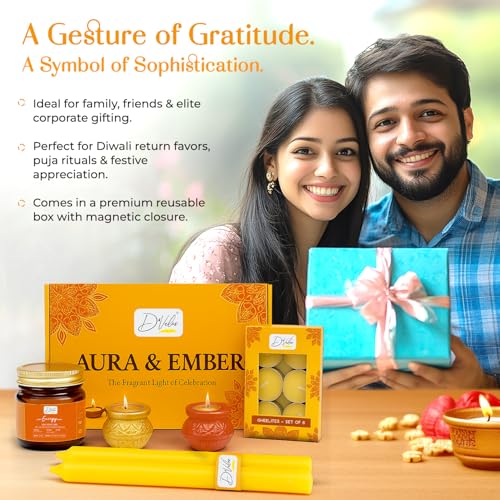 Image of D'Velas Aura & Ember Gift Box - Aromatherapy Candle, Scented Diyas, Cow Ghee Tealights & Colored Stick Candles | Luxury Holiday Hamper for Home Decor, Festive Celebration & Gifting