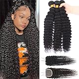12A Brazilian Virgin Deep Wave Hair 3 Bundles with Closure (18 20 22+16'Closure) 100% Unprocessed Virgin Brazilian Pineapple Wave Bundles with Closure Natural Color