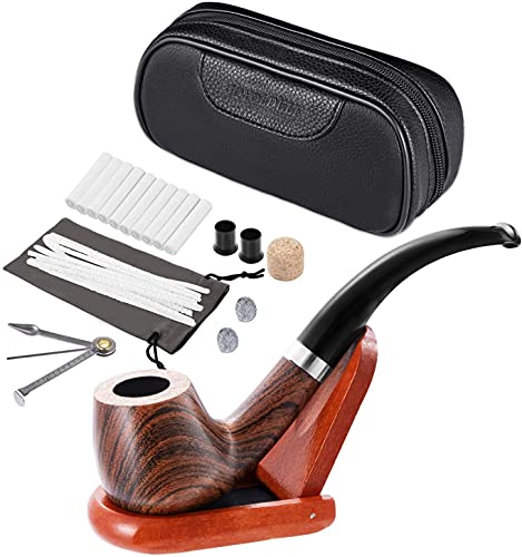 Joyoldelf Pipa de Tabaco con Estuche de Cuero para Pipa, Juego de Pipa Hecho a Mano de Madera de peral con Soporte para Pipa, raspador, Filtro de...
