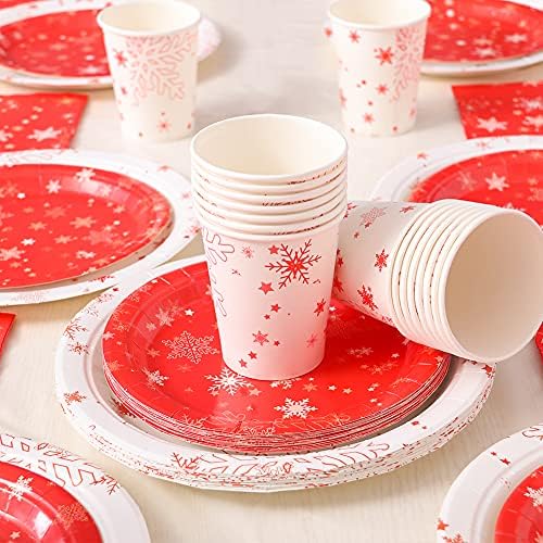 Amycute 97Pcs Christmas Party Tableware Set 24 Guests, Christmas Paper Plates Cups Napkins Tablecloth for Christmas Party Supplies Table Decoration(Style 4)