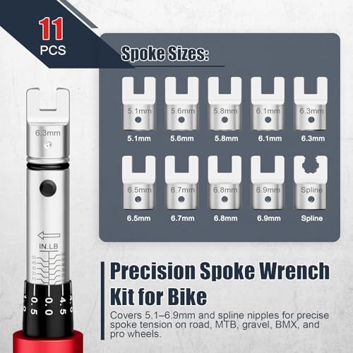 Image of VANPO Spoke Torque Wrench, 10-60 in-lb, for Motorcycle Wheel Maintenance | 1 /4 inch Drive Small Torque Wrench Kit with 9 Spoke Wrench Heads (5.1-6.9mm) & Spline, Spoke Wrench for Mountain, Road Bike