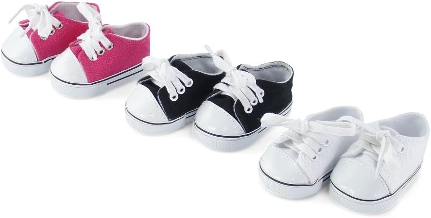 18-inch Doll Canvas Sneakers 3-Pack - Pink, White & Black Tennis Shoes - 18" Doll Accessories Gift Set - Compatible with American Girl & Our Generation Dolls - USA Brand