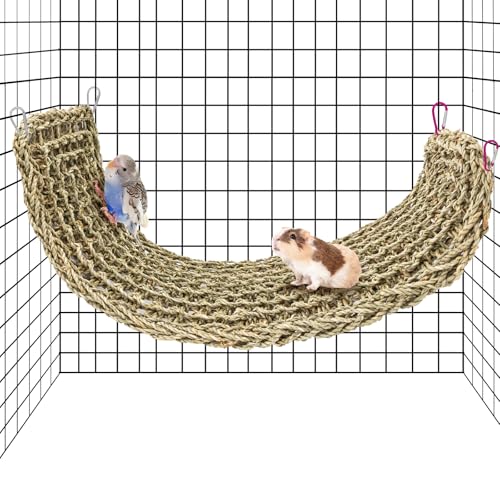 Image of Bird Seagrass Mat 30 x 7 Inch Natural Seagrass Woven Bird Net, Parakeet Climbing Rope Ladder, Hammock Climbing Rope Ladder with Hooks, Chew Toys for Parrots Lovebird Cockatiel Budgie Hamster