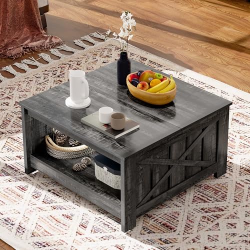 GOOBED Farmhouse Sqare Coffee Tables for Living Room with Storage, Grey Wash Coffee Table 2 Tier Spaciou Storage Shelf, Modern Center Table Small Coffee Tables, Dark Grey
