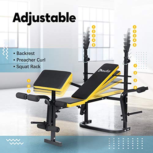 Adjustable Weight Bench with Squat Rack, Doufit WB-04 Foldable Workout Bench with Leg Extension and Preacher Curl for Full-Body Exercise and Strength Training, Weight Lifting Bench Press for Home Gym